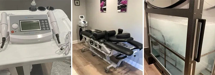 Chiropractic Doylestown PA Therapy Equipment Collage Of Various Therapy Equipment: Ultrasound, Spinal Decompression, and Aquatic Therapy