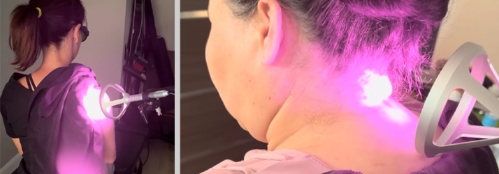 Chiropractic Doylestown PA Women Receiving Laser Therapy two women are seen receiving class iv laser therapy on their shoulder and neck.